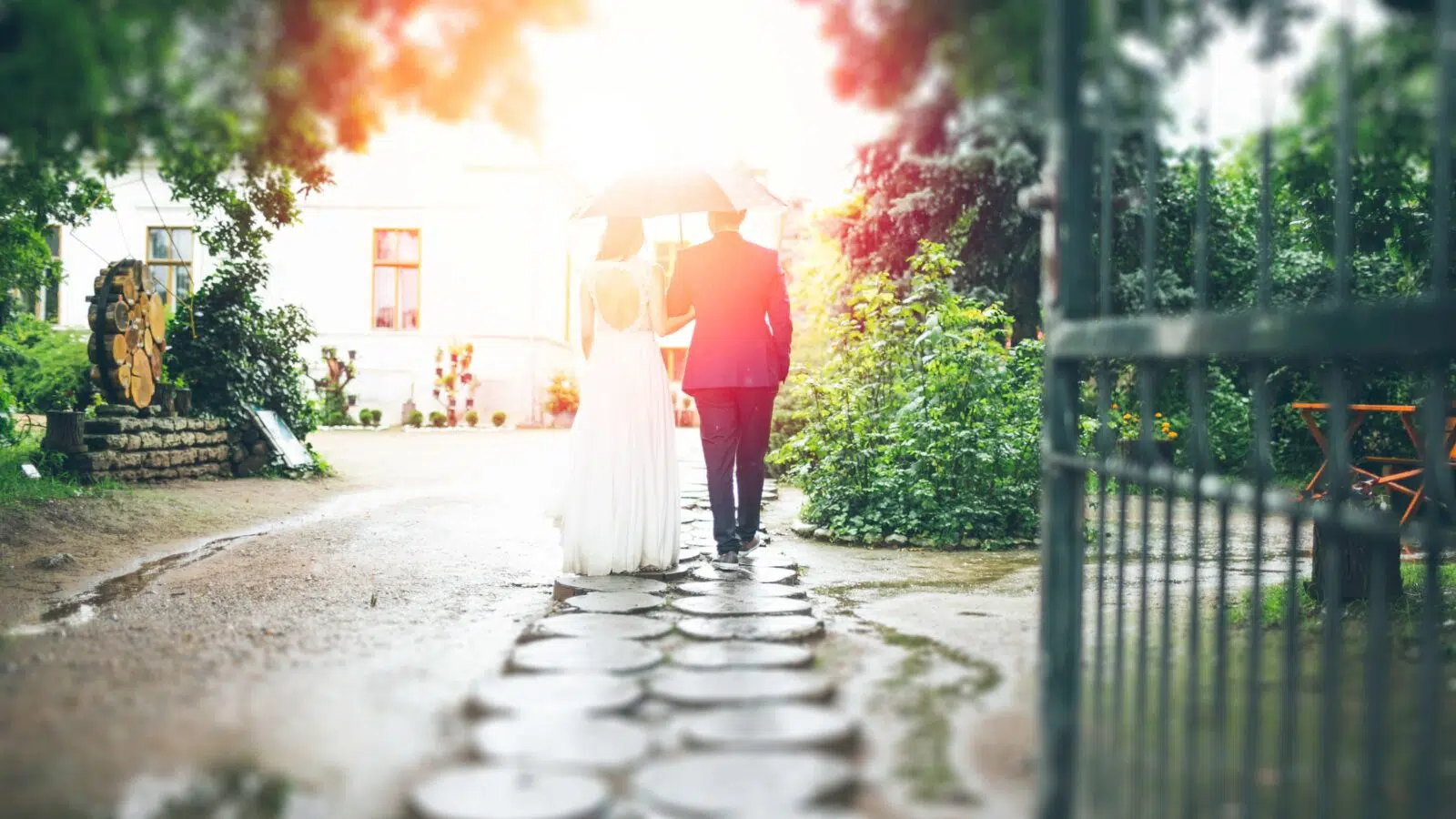 newly wedded couple walking