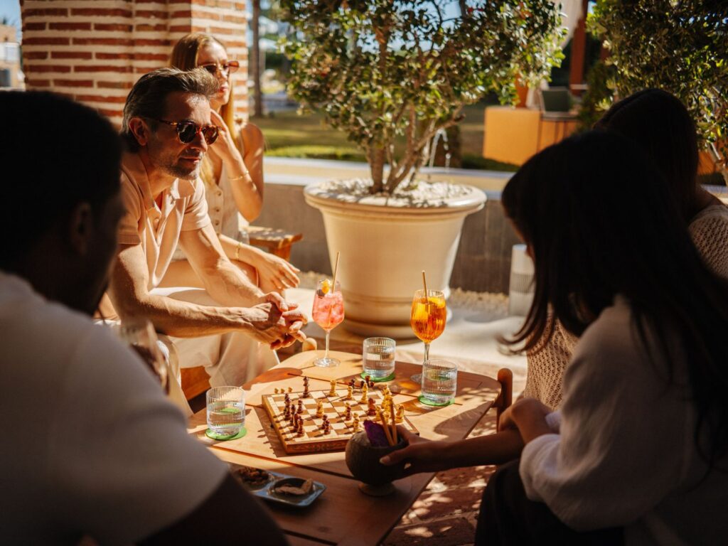 group at an outdoor bar in a hotel