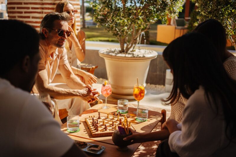 group at an outdoor bar in a hotel