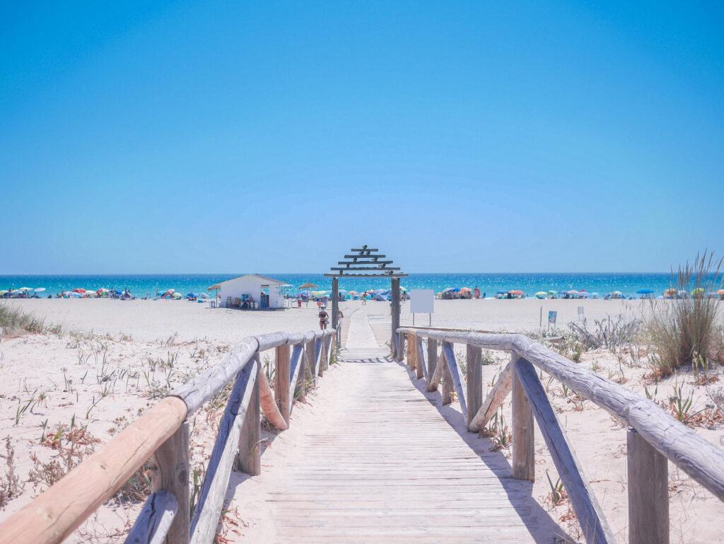 View of the beach and a chiringuito in cadiz on a sunny day