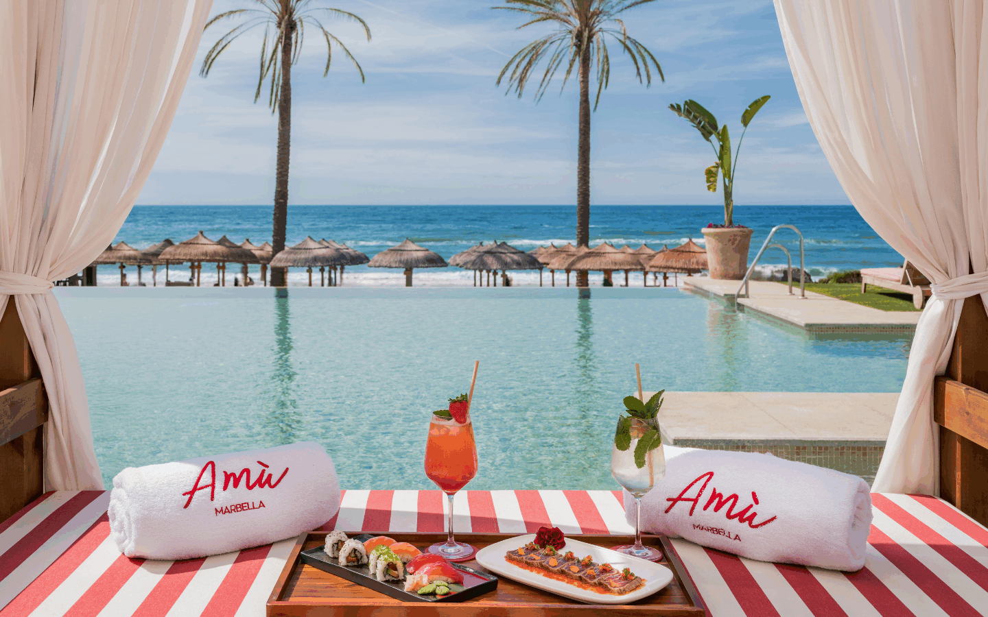 Poolside food at Amu Beach Club in Marbella